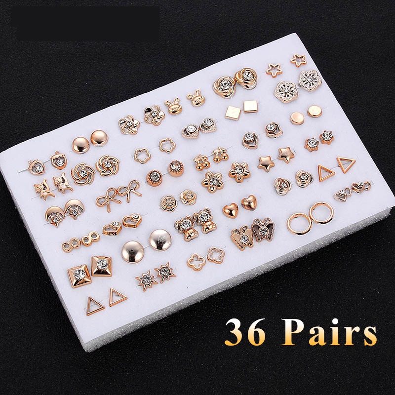 6per18/36pasang INS Gaya Anting Set Sederhana Berlian Imitasi Mini Stud Earrings Vintage Warna Emas Mutiara Hoop Earrings Wanita Perhiasan Trendi