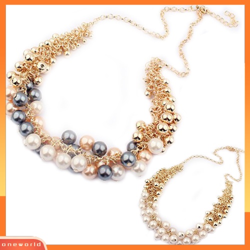 {oneworld} Wanita Fashion Multilayer Mutiara Imitasi Choker Kerah Bib Statement Chain Necklace