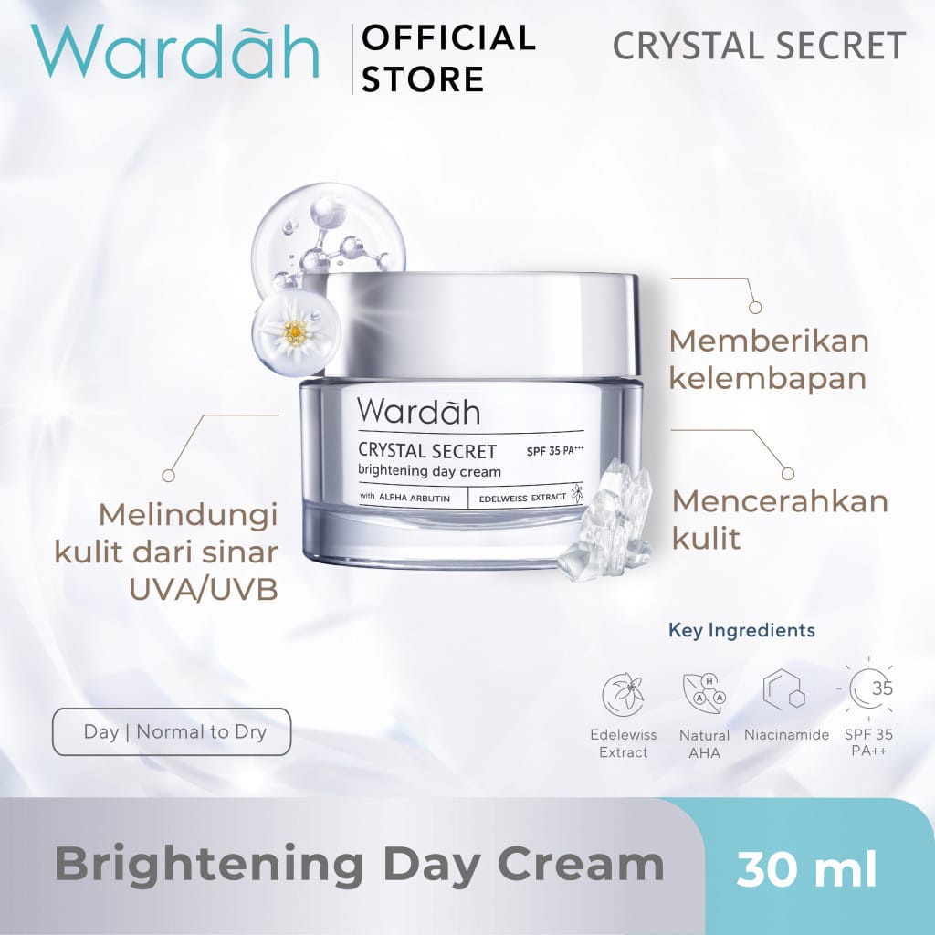 Wardah White CRYSTAL Secret Day Cream GEL SPF 35 Ukuran 30 gr / 15 ml - Skincare Mencerahkan Mousturizer Krim Pagi Siang SPF 35 Wardah Putih Silver