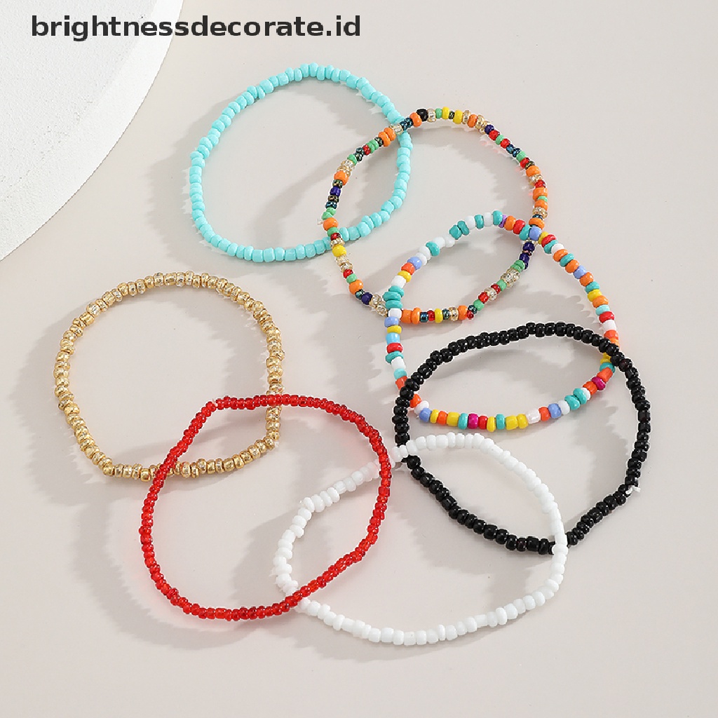 [Birth] 7pcs Manik-Manik Kecil Warna-Warni Bohemia Bangle Gelang Elastis Set Perhiasan Aksesori [ID]