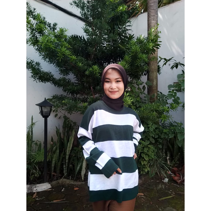 SWEATER EIRA JUMBO / BAJU RAJUT WANITA LENGAN PANJANG STRIP BLASTER / SIZE L,XL,XXL