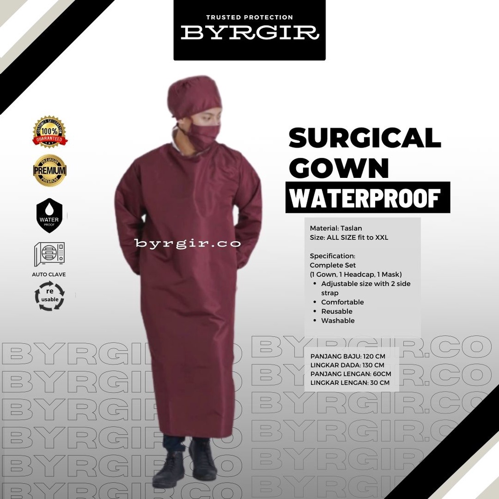 BYRGIR Reusable Barascoat Surgical Gown Jubah Jas Lab Operasi APD Parasut Anti Air Darah Waterproof