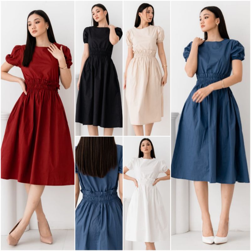 ❣ SPECIAL PRICE ♡ PREMIUM ♡ ORIGINAL ! RAFAELLA VINTAGE PLAIN RAMPLE WAIST RUFFLE FLARE MIDI  DRESS