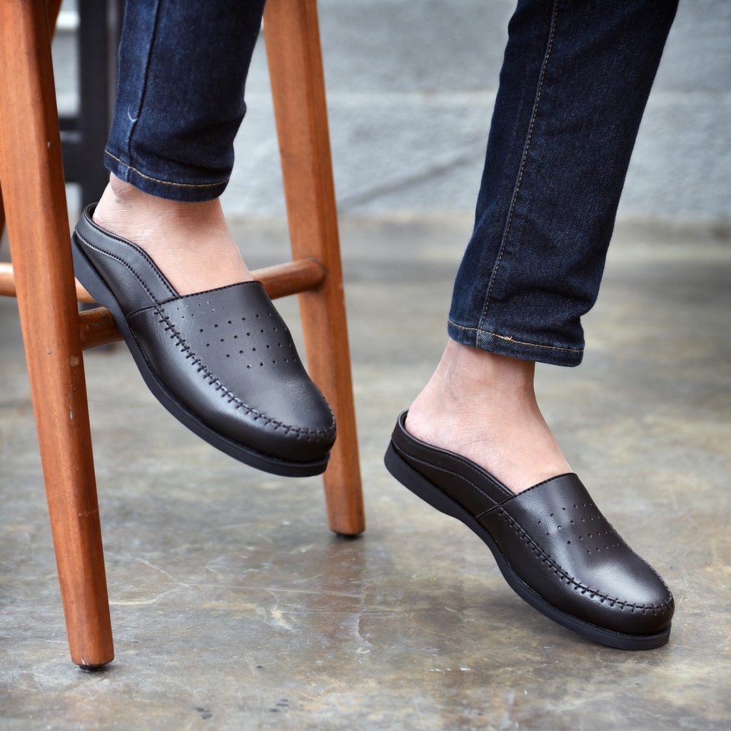 RIONZ HUNTER - Sepatu Kulit PU Asli Casual Santai Slip On Pria Mules Slop Tutong Bustong Cowok Dewasa Semi Formal Pria Kantor Pesta Kondangan Gereja Original Murah Trendy Terbaru Terlaris