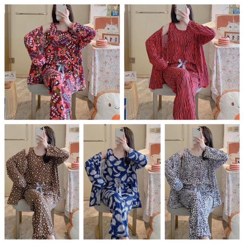 KZ_Stelan kimono 3in1 pp import / set baju tidur kimono 3in1 pp kekinian / Stelan kimono pp terbaru