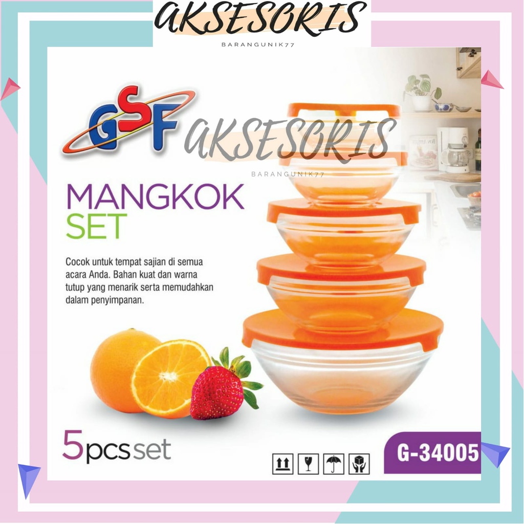 MANGKOK SET GSF G-34005 / MANGKOK KACA SET GLASS BOWL SET ISI 5PCS / MANGKOK DENGAN TUTUP 5 SET 34005 / MANGKOK KACA BERANAK SET 5 IN 1 / MANGKOK KACA 5 SUSUN / MANGKOK KACA SET