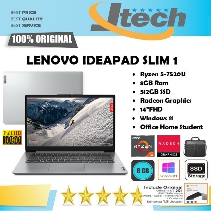 LENOVO IDEAPAD SLIM 1 - RYZEN 5-7520U - 8GB - 512GB SSD - 14&quot;FHD - WIN11 - OFFICE HOME STUDENT