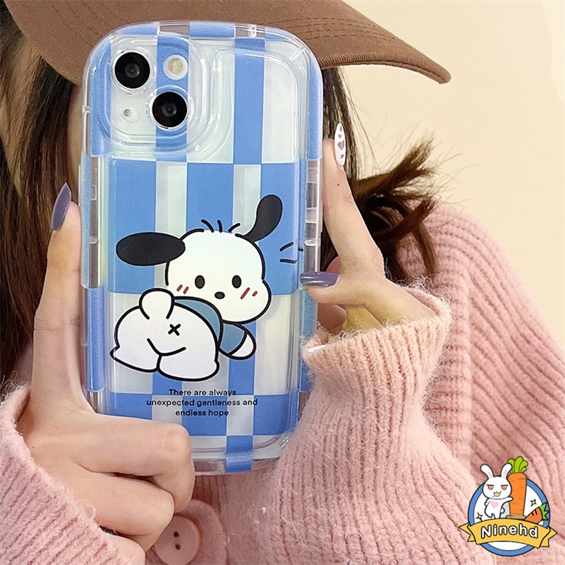 IPHONE Casing Kompatibel Untuk Iphone14 13 12 11 Pro Max X Xr Xs Max SE 8 7 6 6s Plus Lovely Pacha Dog Phone Case Blue Lattice Clear Space Case Airbag Shockproof Soft Case Cover Pelindung