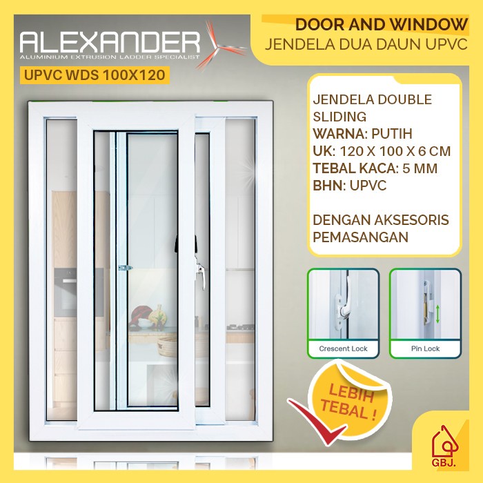 JENDELA SLIDING 2 DAUN UPVC ALEXANDER 100 X 120 / JENDELA DOUBLE SLIDING