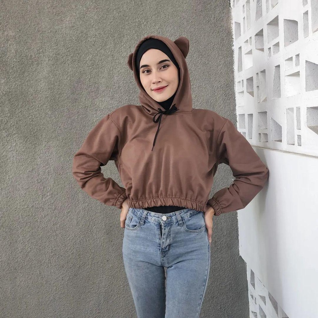 Hoodie sweater wanita CUTE EAR CROP jaket kuping beruang