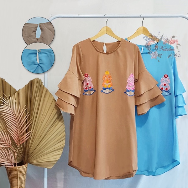 Tunik Lengan Lonceng Tumpuk Atasan Wanita Dewasa Bahan Wollycrepe Lengan Terompet Panjang Motif Bordir Bunga Fit L