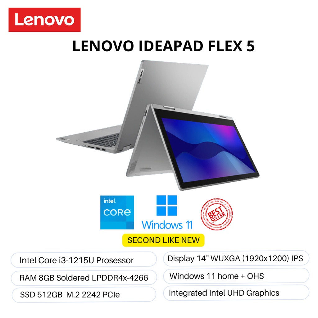 LAPTOP LENOVO FLEX 5 Core i3 -1215U RAM 8GB SSD 512GB W11+OHS BARU GARANSI RESMI