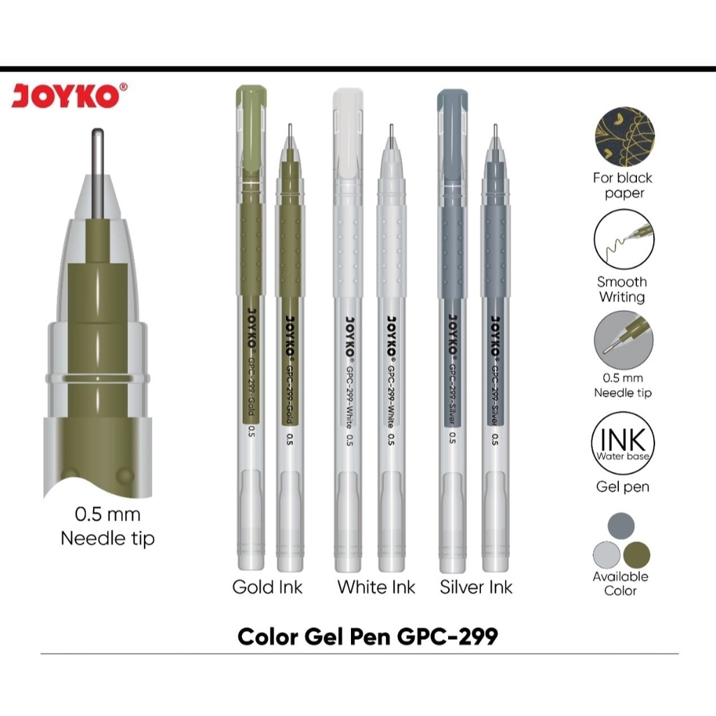 

ballpoint joyko gel emas / putih / silver gpc 299 satuan