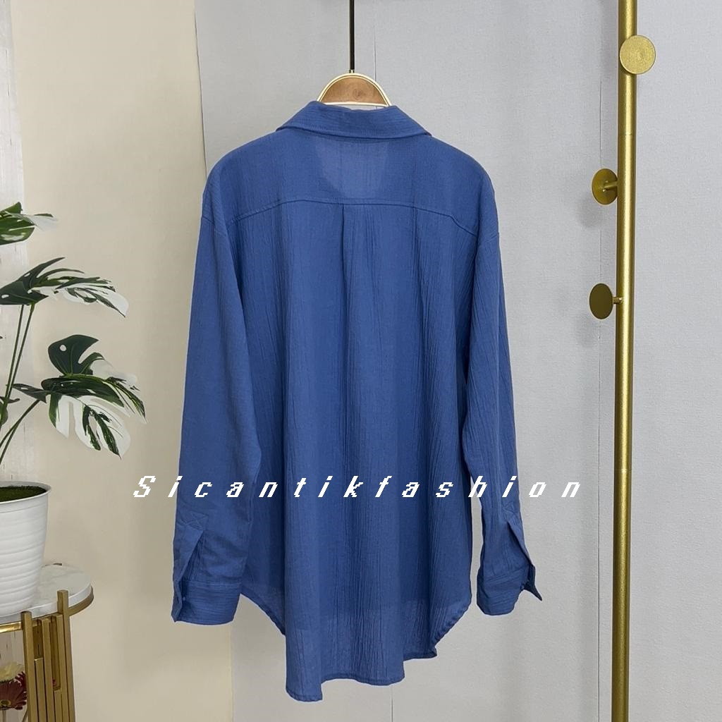 Kemeja Linen Crinkle Oversize Wanita Lengan Panjang Polos