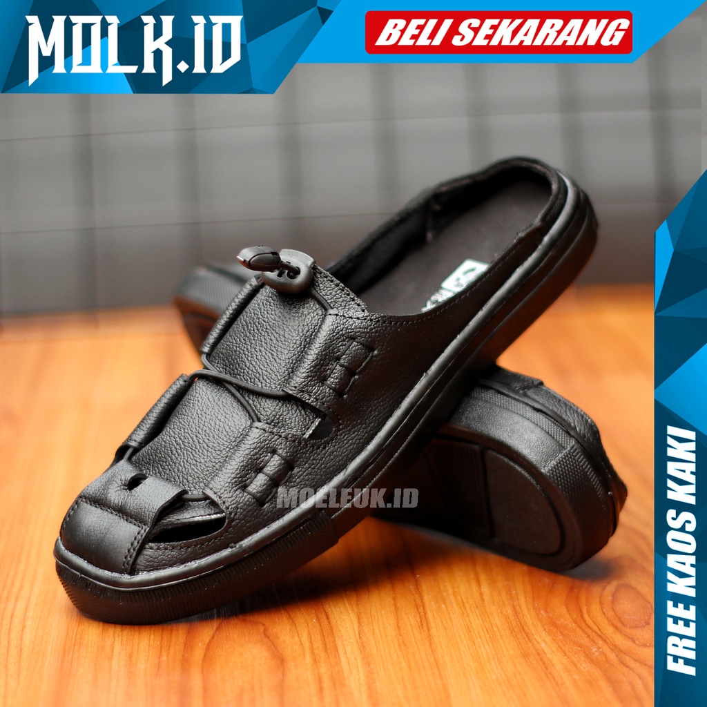 MOLK Sandal Pria Dewasa Kulit Asli Original Sendal Slop Cowok Casual Selop Hitam Simple Murah Tutong Bustong