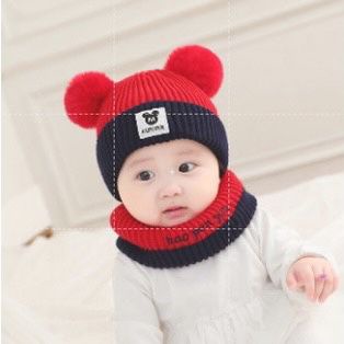 Topi Anak Bayi Kupluk Pompom 2 Warna anak 0-6 bulan