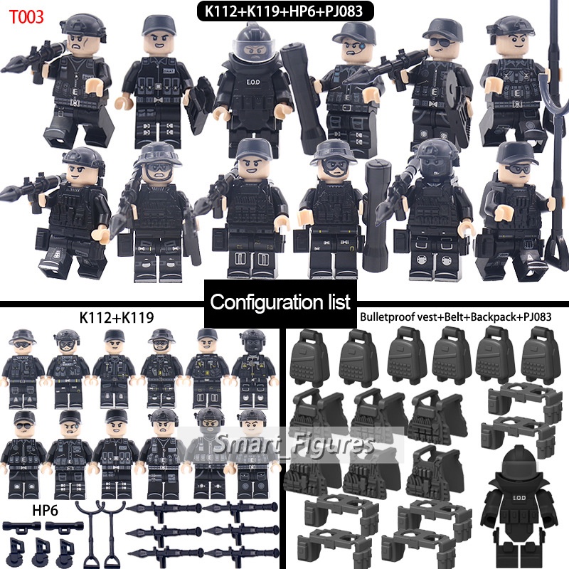 Angka Mini Set SWAT Khusus Polisi Dengan Ransel Rompi Sabuk Lengan Bom Pembuangan Baju Minifigures DIY Mainan Hadiah