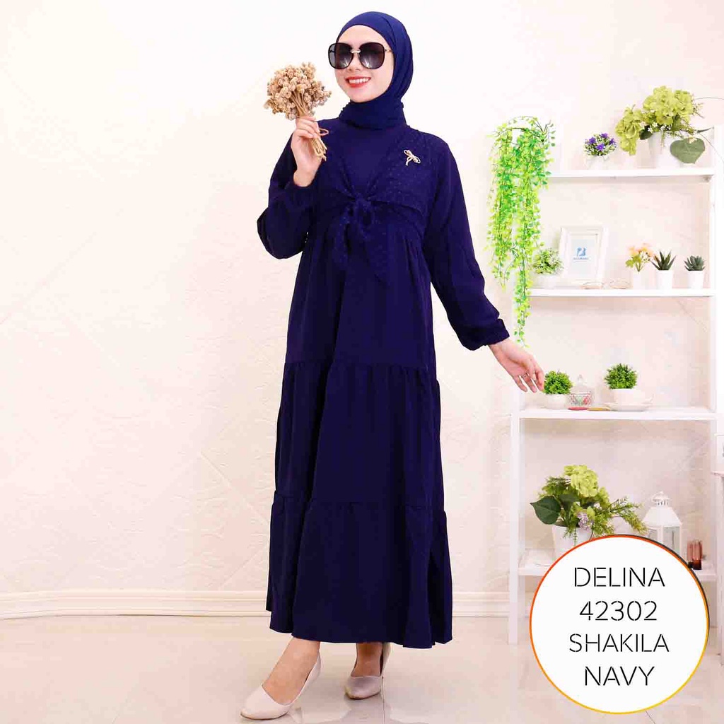 Gamis Shakila Kombi Tile Dot Kancing Belakang Tali Pinggang Lengan Karet Delina