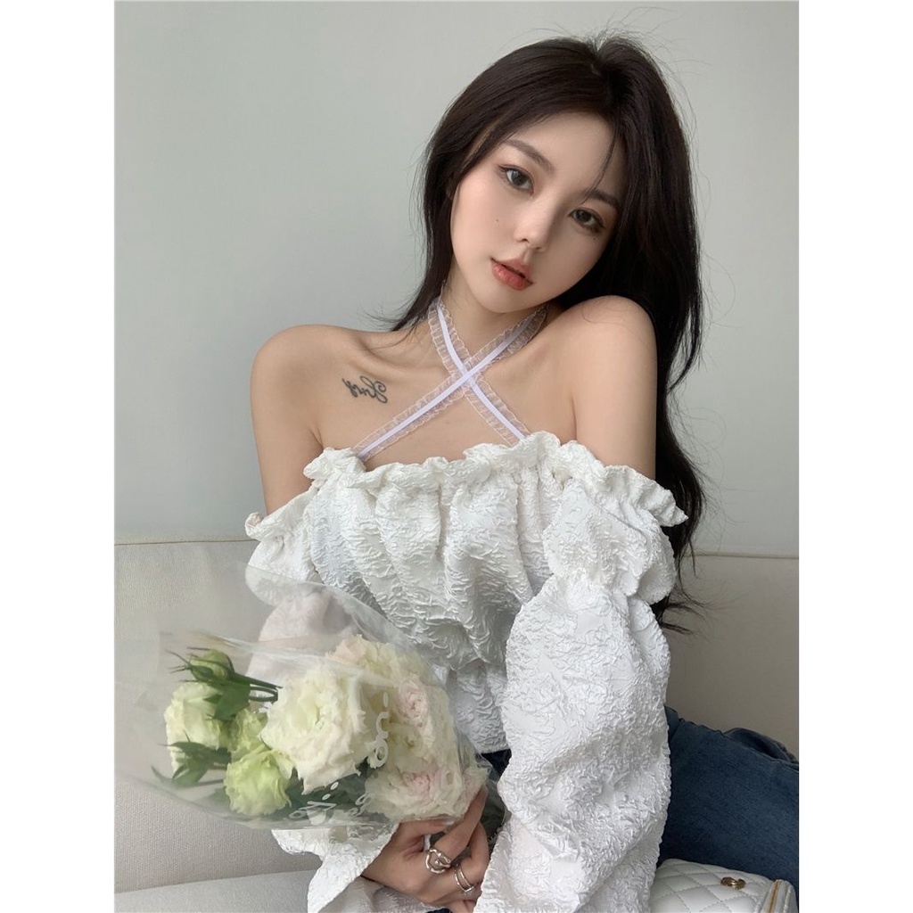 Red Kemeja manis wanita musim panas desain rasa keinginan murni satu bahu halter top all-match fashion kemeja lengan pendek engah