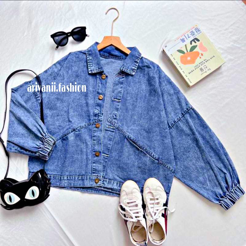 ARN - Jaket Jeans Vintage Baggy Oversize Wanita Jacket Crop Jins Denim Murah Korean Lengan Balon Kekinian Style Cewek Original