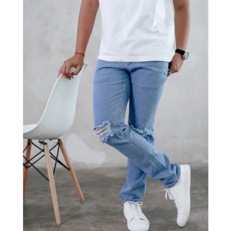 Celana jeans sobek lutut pria ripped jeans soft jeans pensil skinny Stretch melar