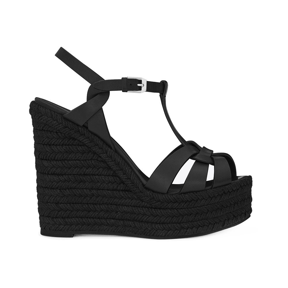 Snt Laurent Tribute Espadrilles 12cm Wedge Sandal Black Calf