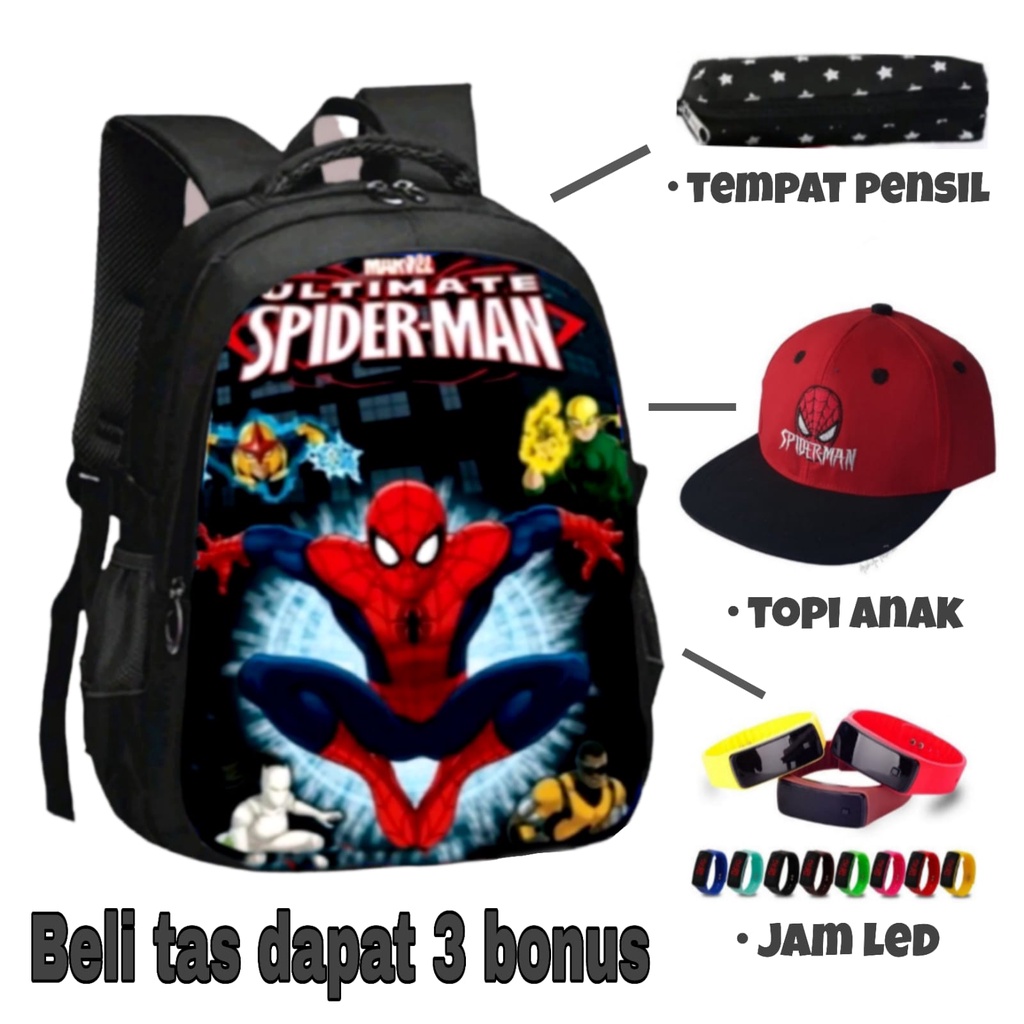 tas sekolah anak tk dan SD - tas ransel anak cowok - tas karakter anak spiderman - tas anak laki BONUS JAM LED dan TOPI