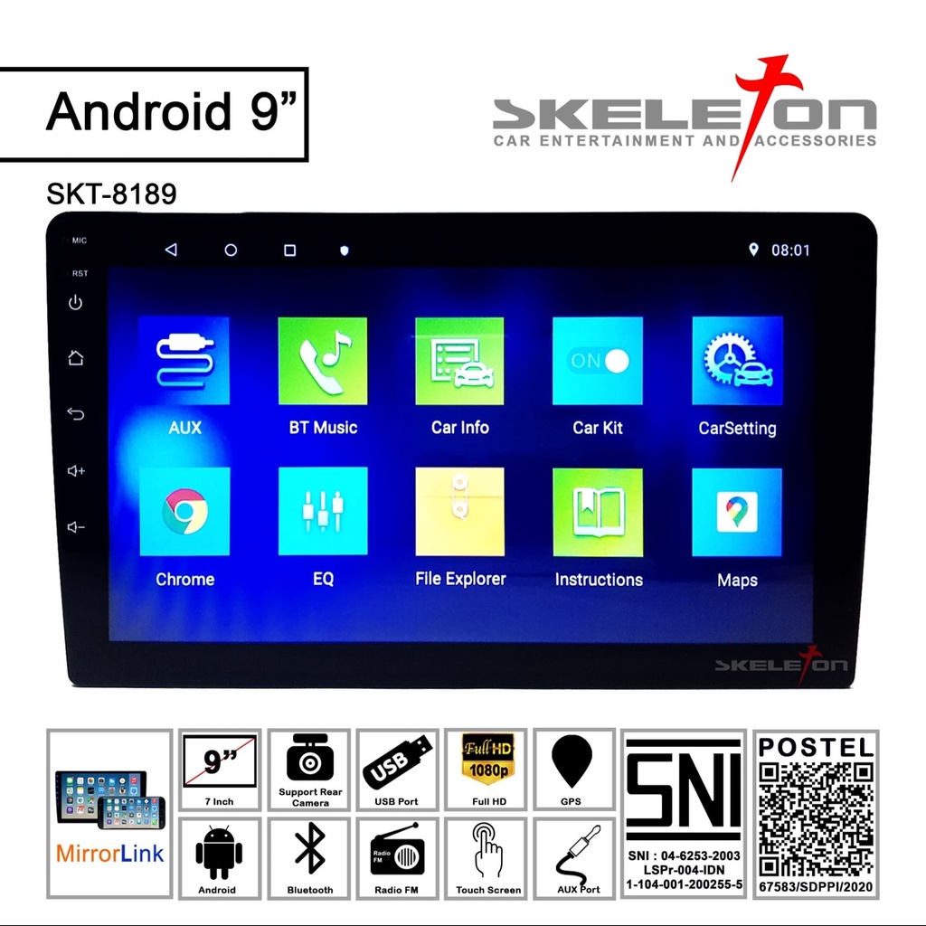 Voice Command Head Unit Android 9 inch Skeleton 8189 Double Din Bluetooth GPS Mirrorlink