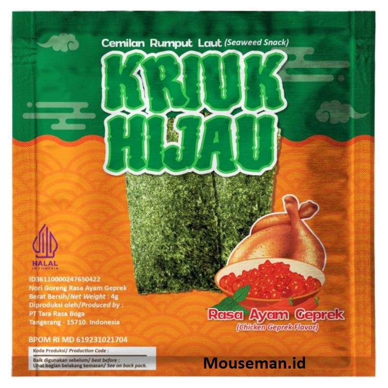 

KRIUK HIJAU Cemilan Rumput Laut Seaweed Snack Nori Goreng Rasa Ayam Geprek (Chicken Geprek Flavor) 4gr