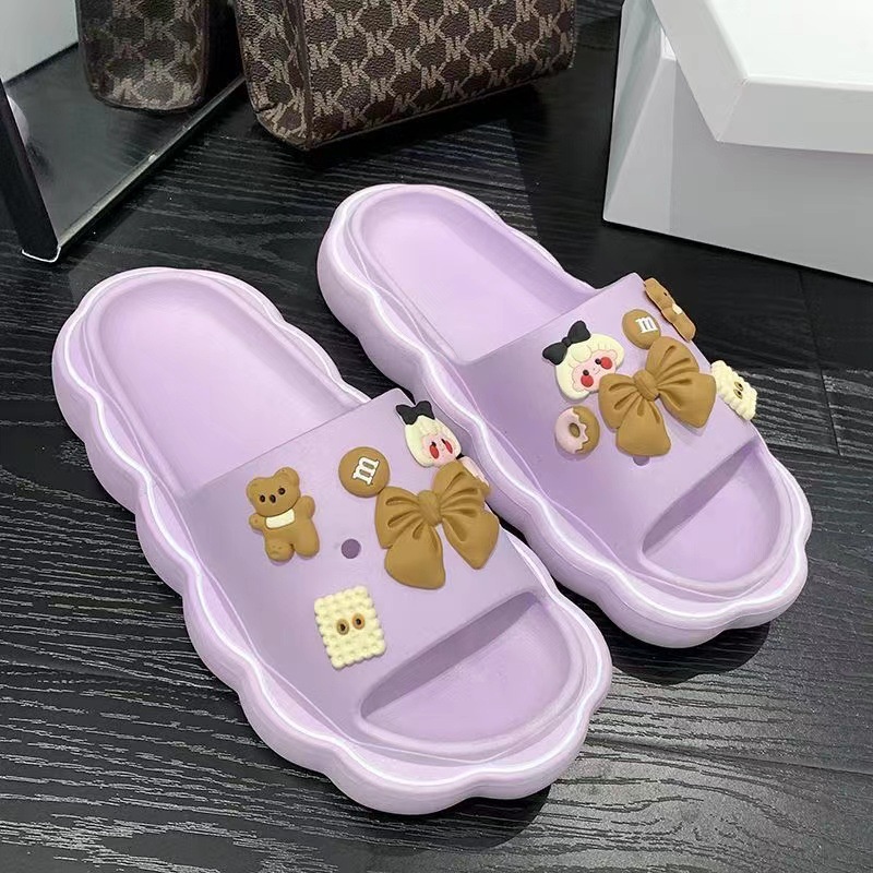 PVC Sandal Slop Wanita Karet Import Korean Slippers Flip Flop Rubber Elastic Super Soft Non-Slip Sole Brown Jibbitz