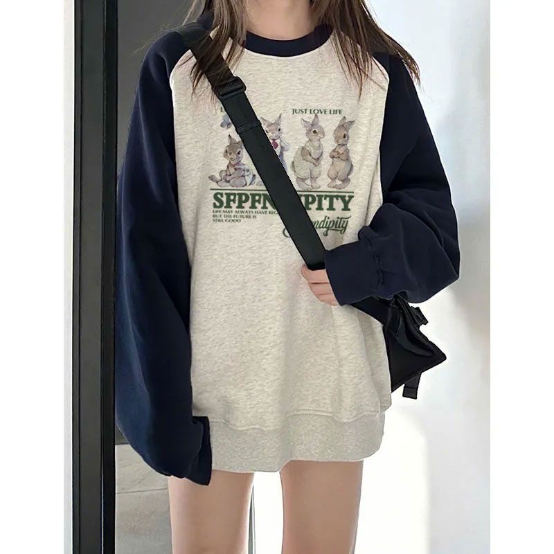 ✥☃[Pengiriman dalam 48 jam] Sweter leher bulat wanita musim semi model oversize baru rasa desain ceruk gaya malas longgar retro all-match print tipis