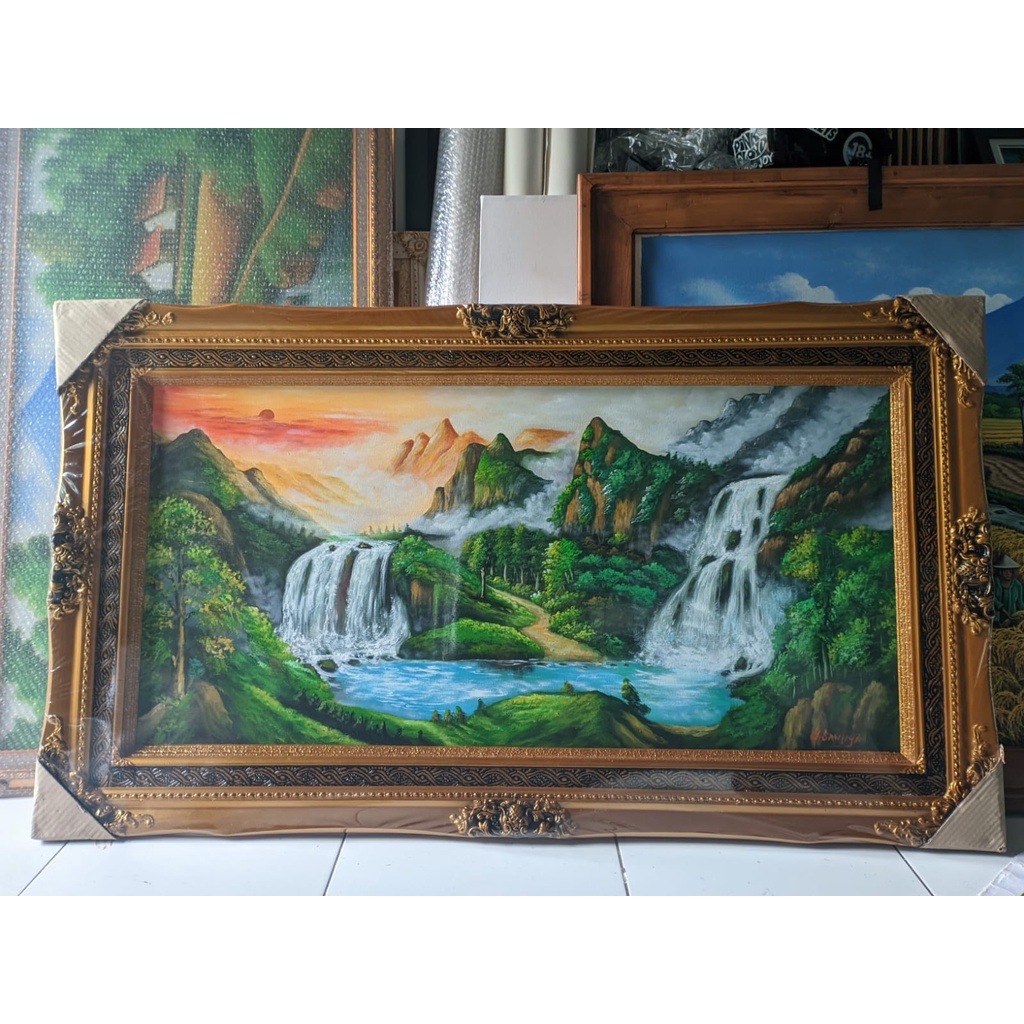 luksian pemandangan alam asli karya tangan ukuran 120cm x 60cm harga sudah dgn pigura kayu