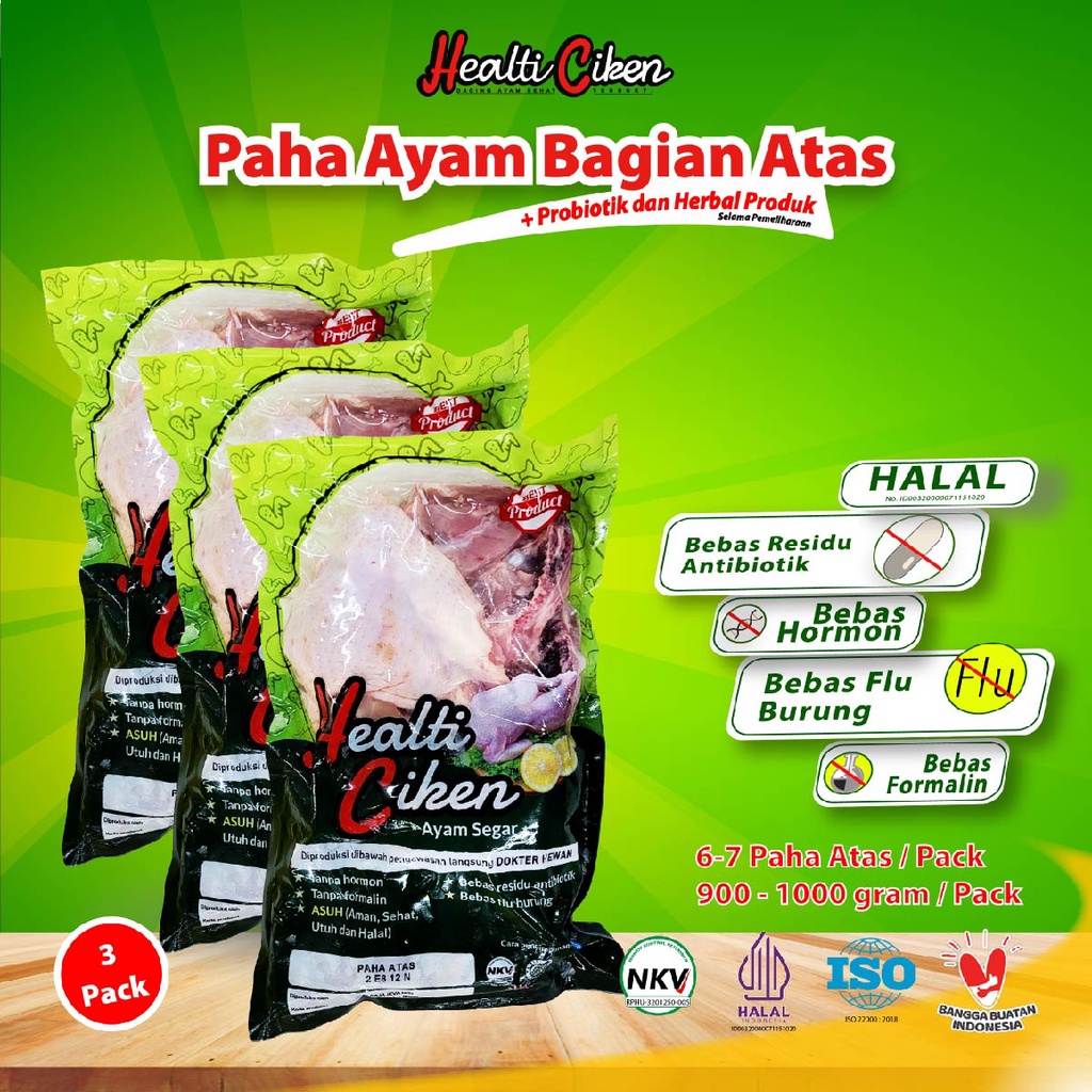 

HEALTI CIKEN Paha Ayam Atas | Ayam + Probiotik & Herbal Produk | Daging Ayam Sehat | Healti Ciken | 0.9 - 1 kg / Pack | 3 Pack