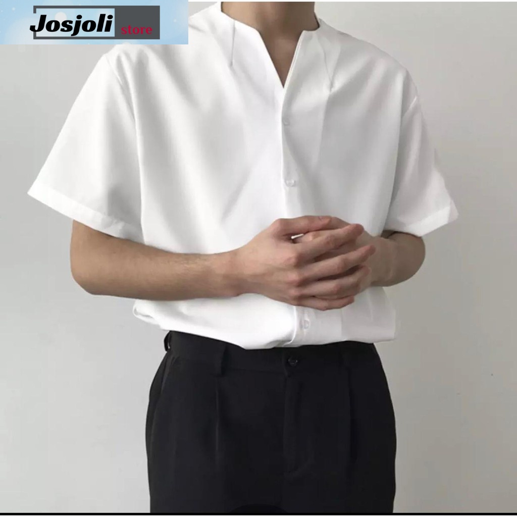 JOSJOLI_STORE/Kemeja V-NEK Tin Lengan Pendek Size M,L,XL,XXL-Fashion Pria Dewasa