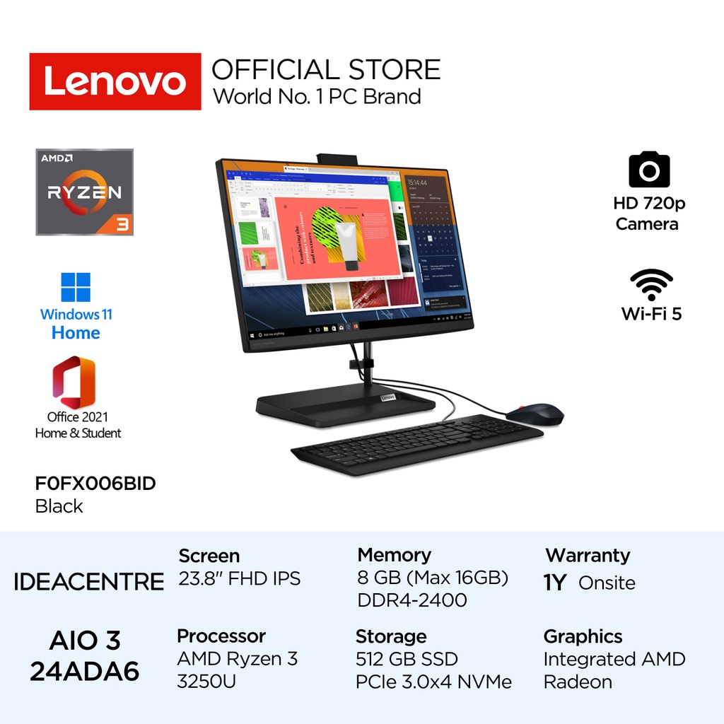 Lenovo PC IdeaCentre AIO 3 24ADA6 Ryzen 3 3250U Win11 OHS 8GB 512GB SSD 23.8" FHD IPS Integrated AMD