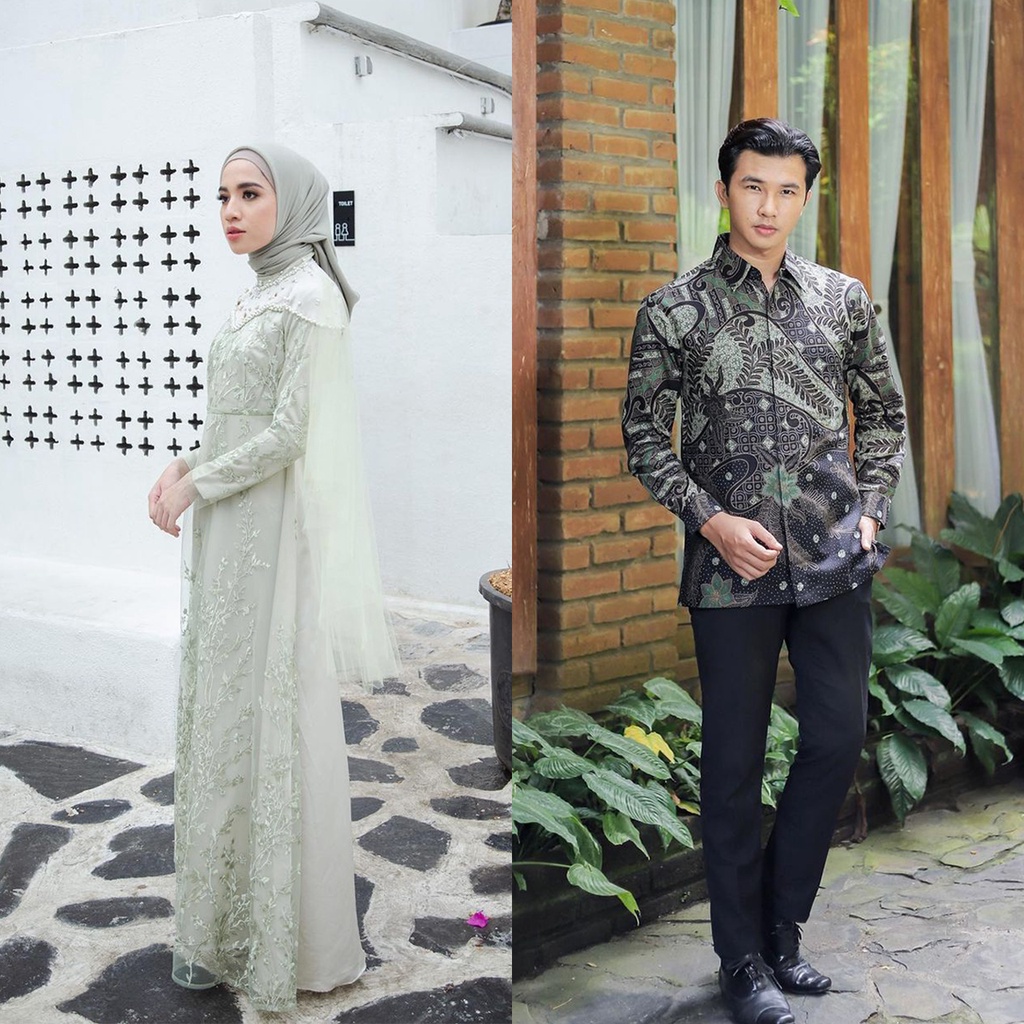 BATIK COUPLE GAMIS BROKAT TULLE MODERN FANIA - DRESS KONDANGAN WANITA KEKINIAN BAJU COUPLE PASANGAN LENGAN PANJANG GAMIS PESTA