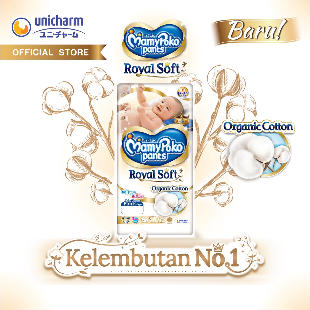 Mamypoko Pants Royal Soft Girls Boys Popok Celana Organic Cotton - S46/M42/L34/XL30