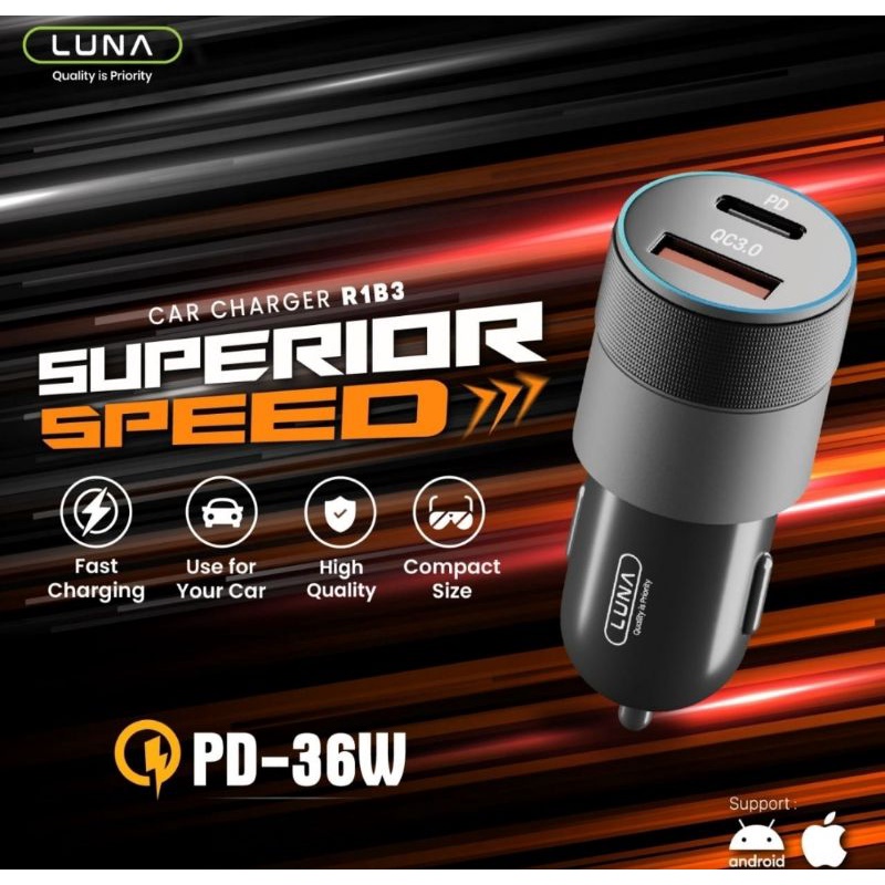 LUNA R1B3 ADAPTOR CAR CHARGER 36 Watt TYPE C CES MOBIL