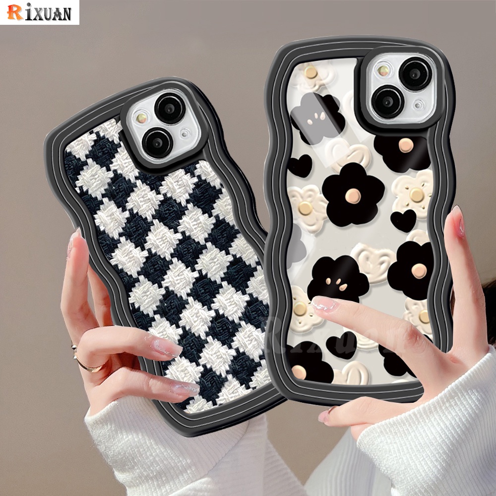 IPHONE Case Fashion Kompatibel Untuk Iphone11 13 12 14 Pro MAX iPhone7 8plus 6s Plus XR 14Plus XS MAX SE 2020 Timbul Bunga Berlian Pola Cek Tepi Bergelombang Lembut Bening Phone Cover RIXUAN