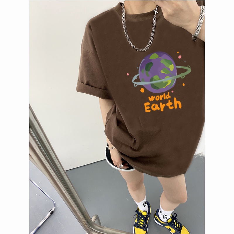 100% Katun Graphic Tee Baju Wanita Earth Print Atasan Wanita Oversize Kaos Putih T-shirt Couple Korean Style/kaos murah