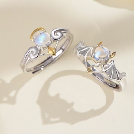 【Bayar di tempat】Cincin Bentuk Oval Geometris Angel Demon Aksen Batu Bulan Biru Untuk Wanita