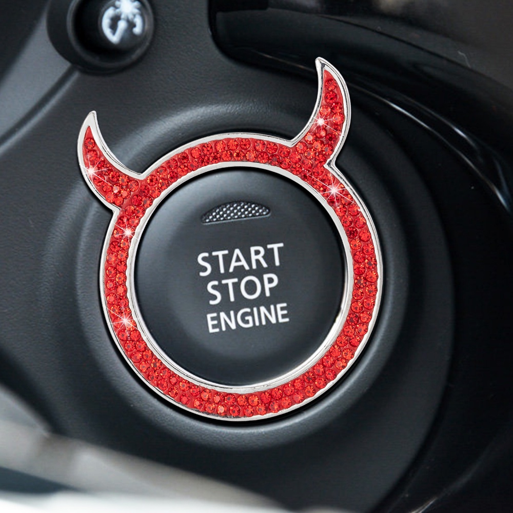 Little Devil Bling Cincin Hias Auto Start Tombol Mobil Berlian Imitasi Ring Emblem Stiker Satu Tombol Start Button Cover Sticky Steering Wheel Trim Lingkaran Stiker Interior Mobil