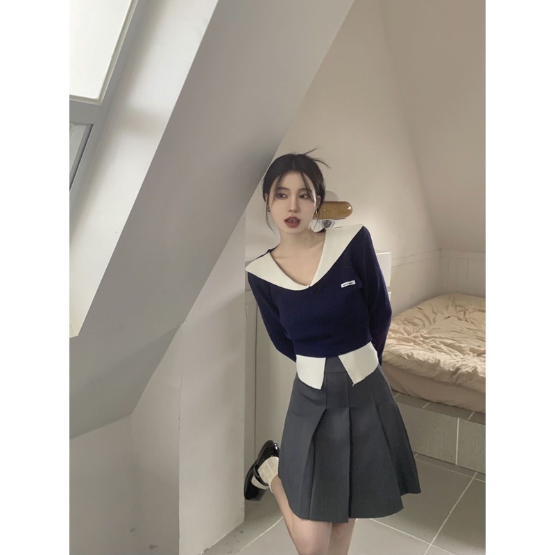 Red Gaya perguruan tinggi v-neck sweater warna kontras wanita musim gugur dan musim dingin baru yang chic dan unik atasan pendek palsu dua potong kemeja bottoming rajutan