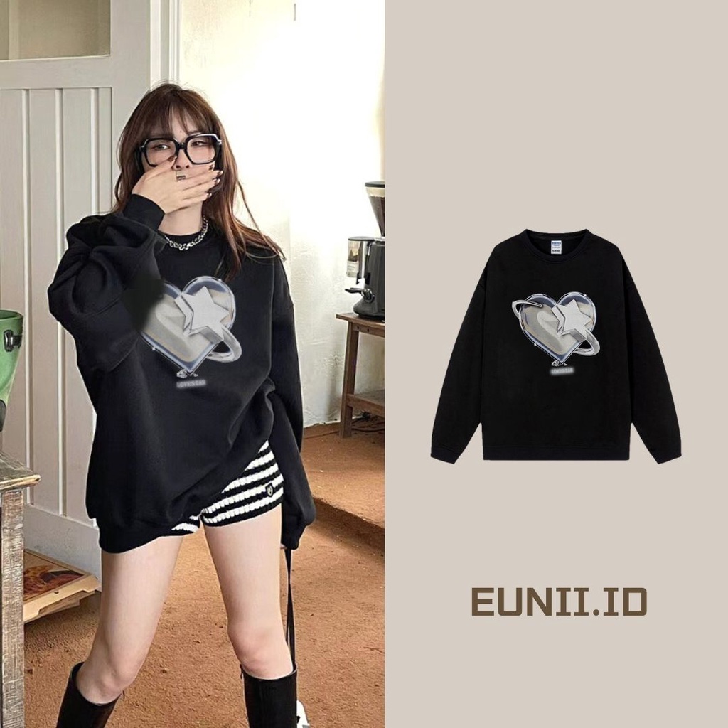 EUNII Sweater Lengan Panjang Diamond Heart Korean Style/Hoodie Oversize/Baju Wanita/Switer Wanita