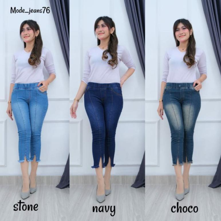 Termurah QUEEN JEGGING JEANS  7/9 BELAH RAWIS PINGGANG FULL KARET ゅ