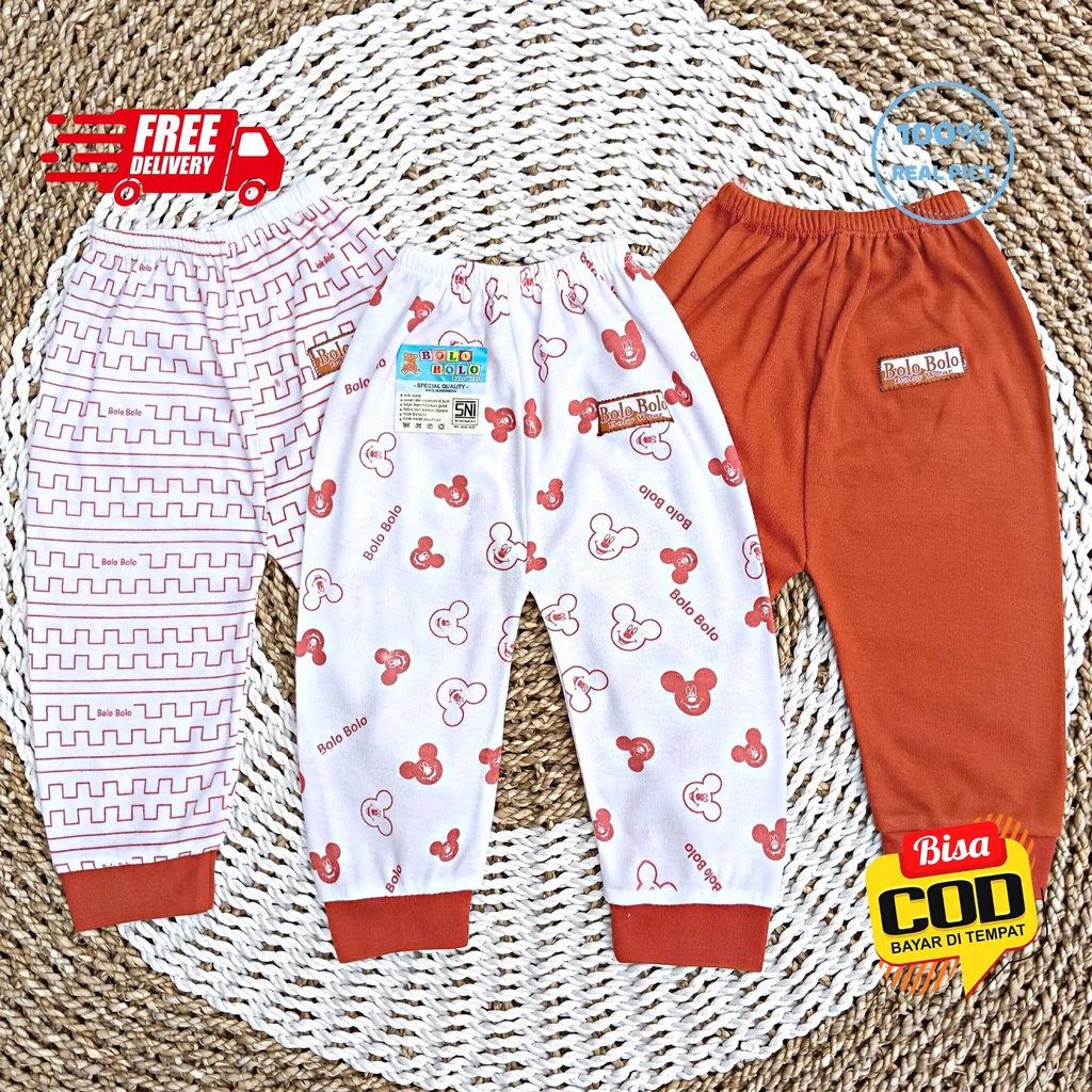 SALE 7.7 Serian Merah Bata - 3 pcs Celana Panjang Bayi Baru Lahir 0 - 3 Bulan Brick Red Series merk SNI Bolo - Bolo