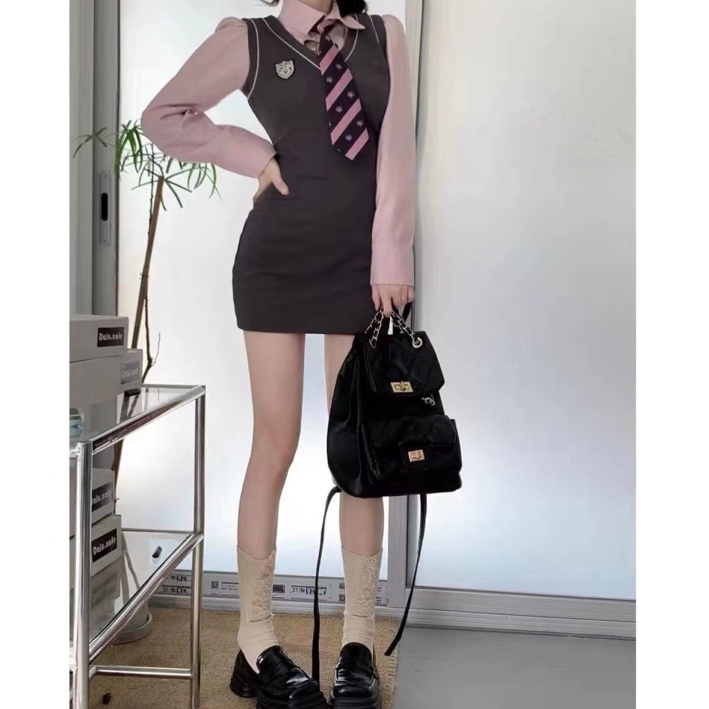 Red kumikumi sweet and spicy style love hollow pink shirt women s autumn slim sundress dress two-piece set