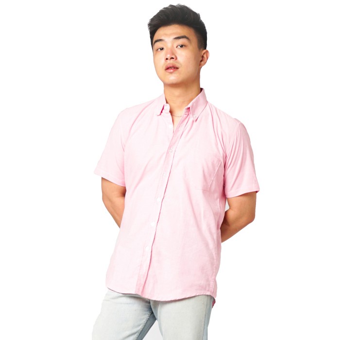 kemeja Kemeja Pria Polos Lengan Pendek BABY PINK Oxford Ada Jumbo BIG SIZE - Baby Pink, M(Z9F8) Keme