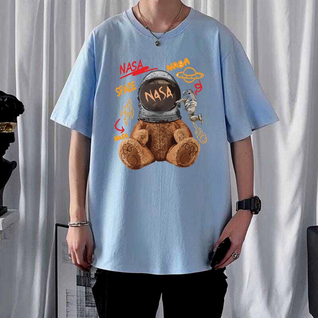 KIYOWO-Baju Kaos Atasan Kasual Oversize Motif Nasa Bear Unisex Lengan Pendek