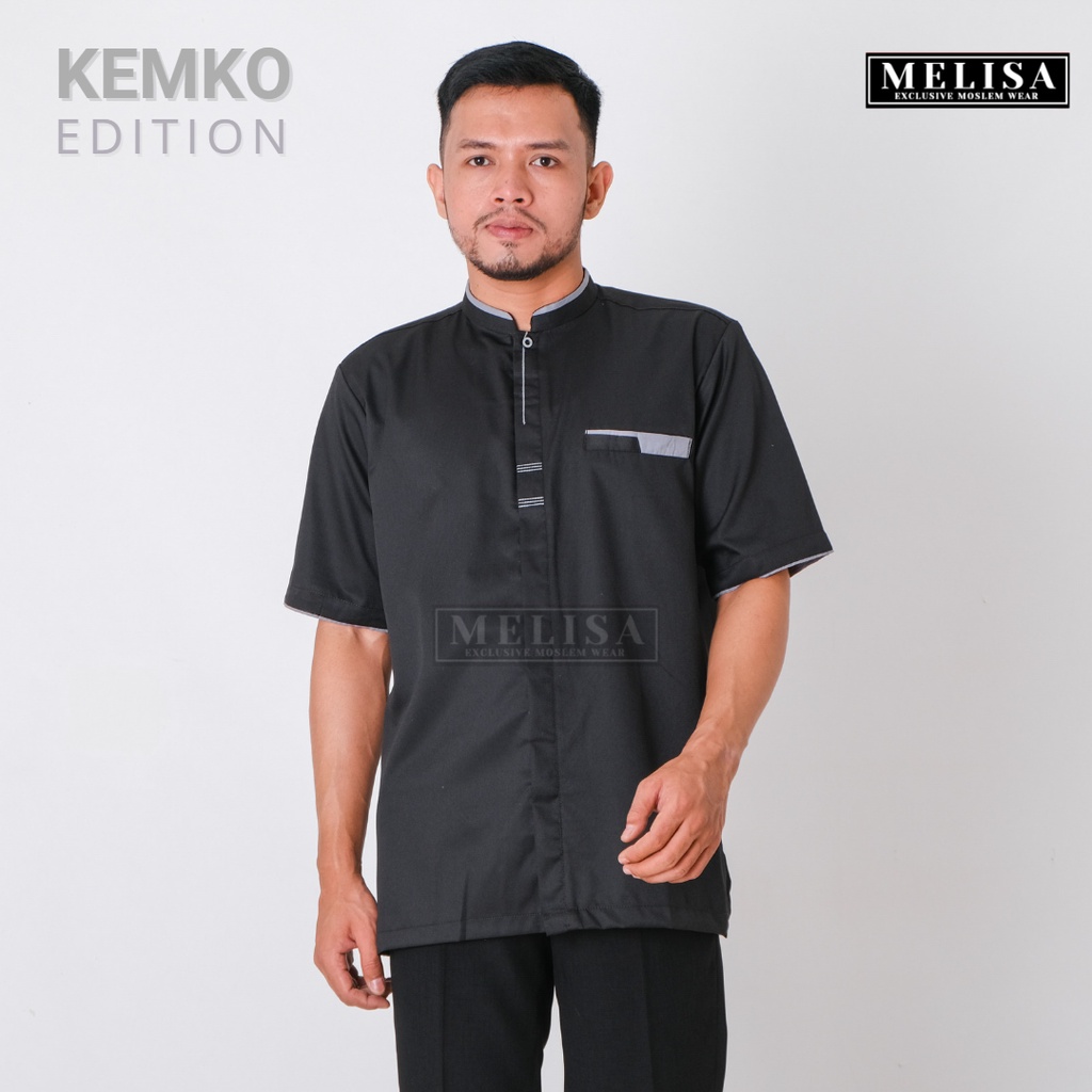 Baju Koko Pria Bahan Katun Toyobo Baju Muslim Laki Laki Model Kemko Polos Lengan Pendek Warna Hitam